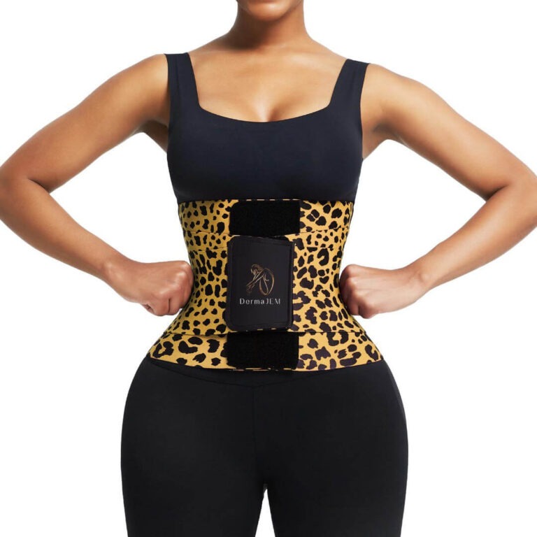 Woman confidently wearing a yellow DermaJEM waist trainer